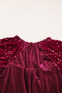 Burgundy Sequin Sleeve Button Up Velvet Top