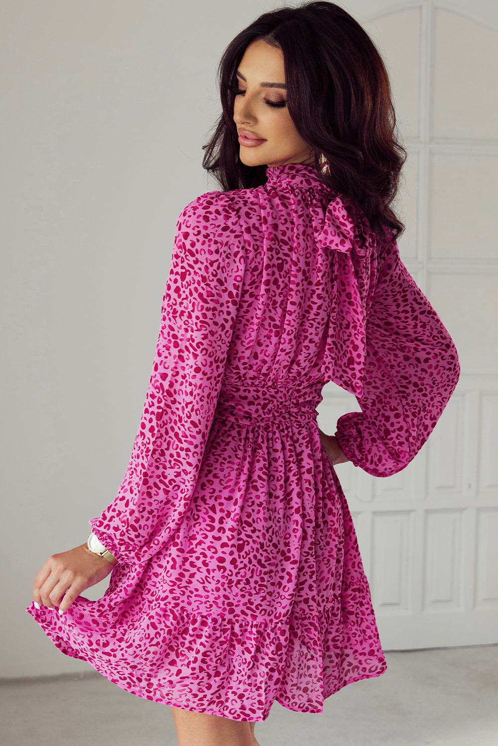 Dark Pink Leopard Long Sleeve High Neck Tie Back Ruffled Dress