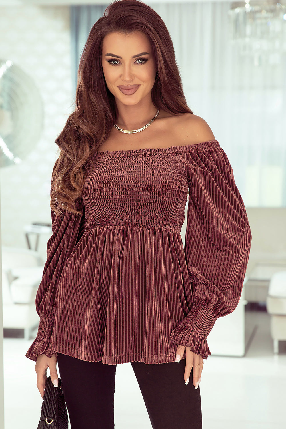 Velour Square Neck Smocked Long-sleeve Babydoll Top