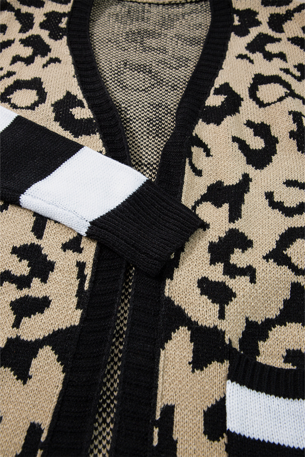 Stripe Sleeve Leopard Print Color Block Open Front Cardigan With Pockets