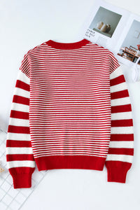 Red Stripe Long Sleeve Geometric Textured Knit Sweater