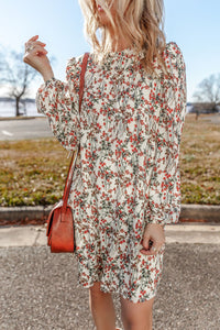 White Fall Floral Print  Long Sleeve Mini Dress