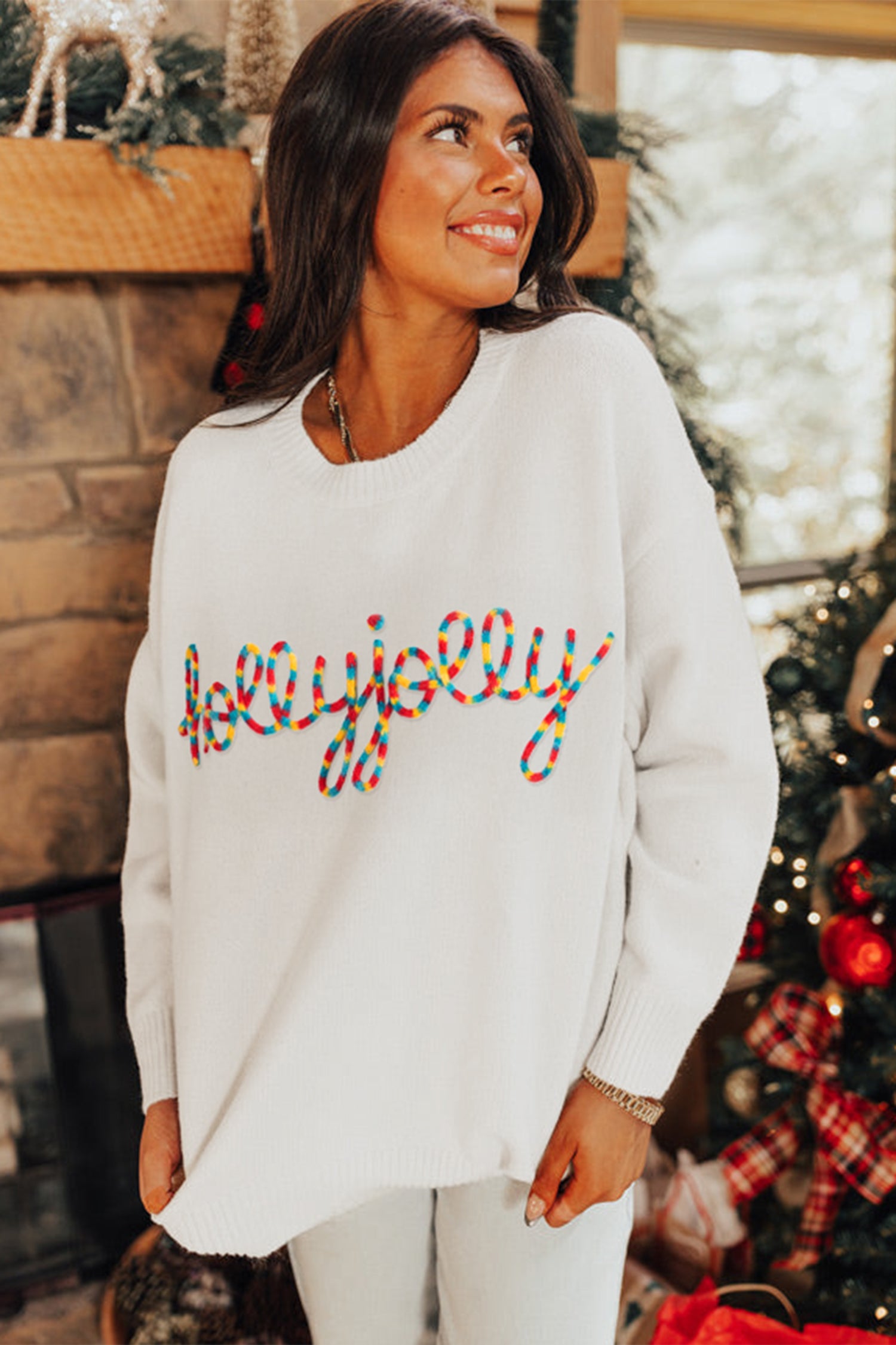 White Colorful Holly Jolly Embossed Lettering Christmas Sweater