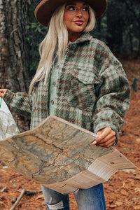 Green & Brown Plaid Button Down Shacket with Chest Flap Pockets