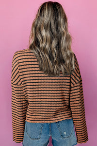 Brown Stripe Textured Henley Long Sleeve Top