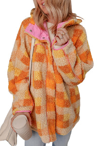 Orange & Yellow Checkered Sherpa Snap Up Pink Lined Hooded Jacket