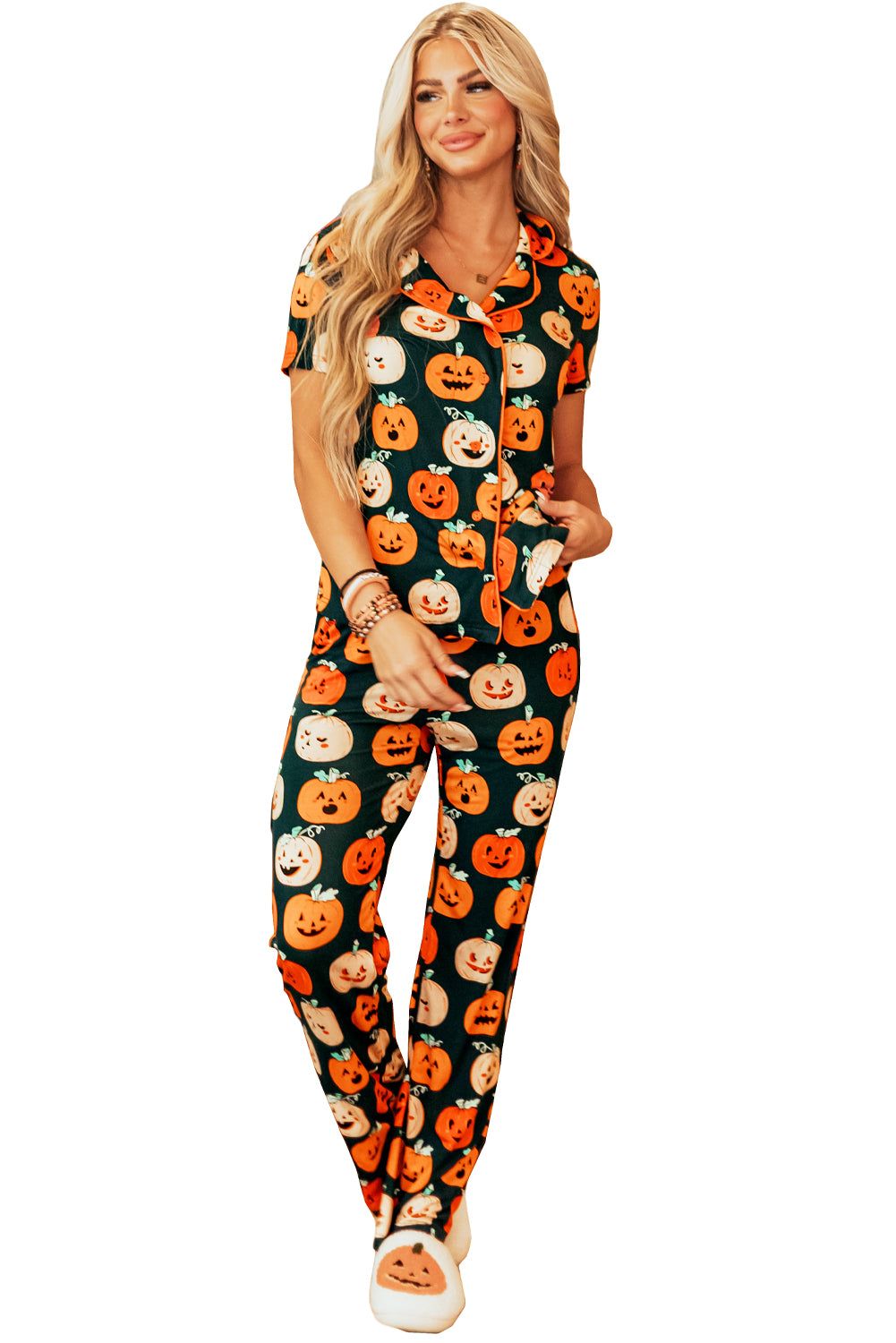 Black with Orange Pumpkins Print Short Sleeve Shirt & Pants Pajama Set