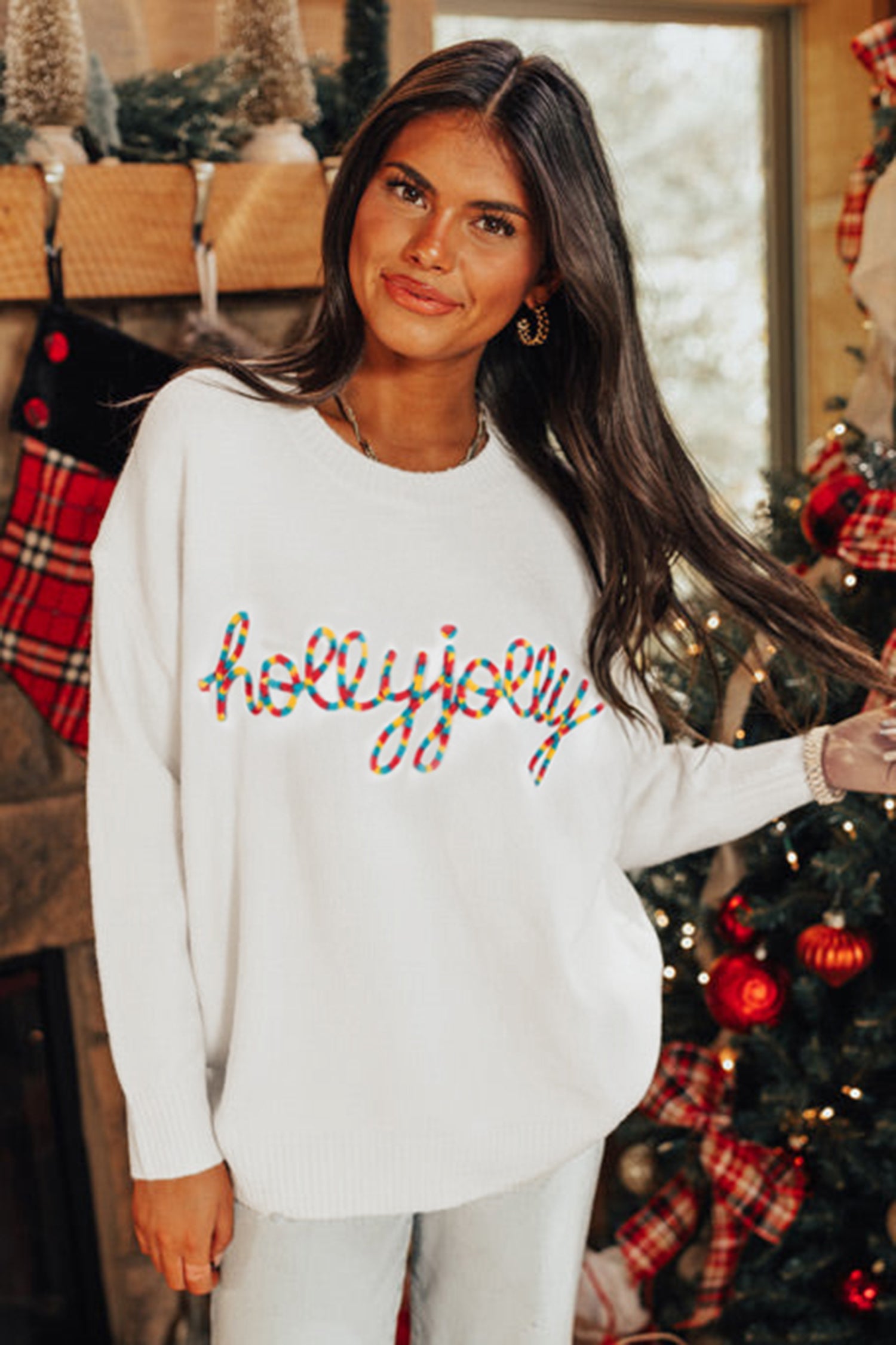 White Colorful Holly Jolly Embossed Lettering Christmas Sweater