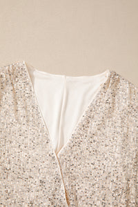 Champagne Sequin Long Sleeve Wrap V-Neck Bodysuit