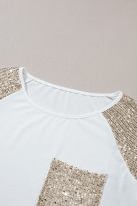 White with Gold Sequin Color Block Raglan Long Sleeve Top