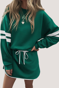 Varsity Stripe Detail Drop Shoulder Pullover Mini Skort Set