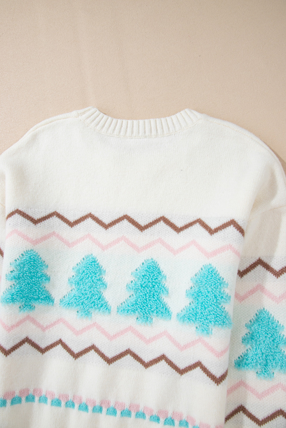 Pink & Tan Chevron Stripes with Turquoise Trees Design Knit Sweater