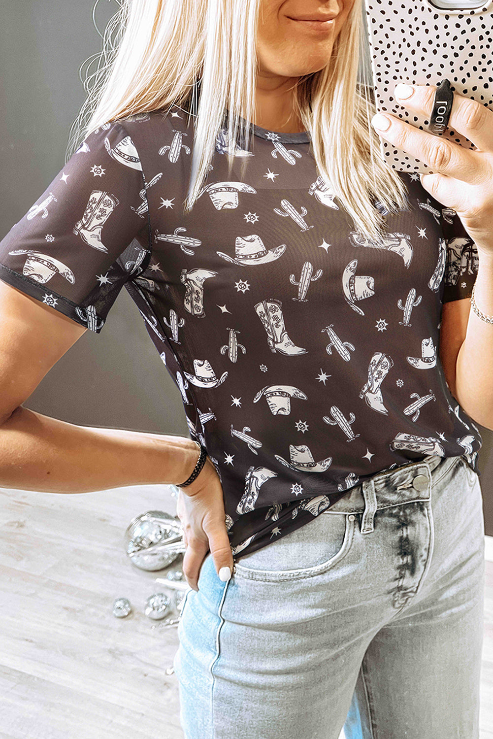 Black Western Pattern Mesh Sheer Crew Neck Tee
