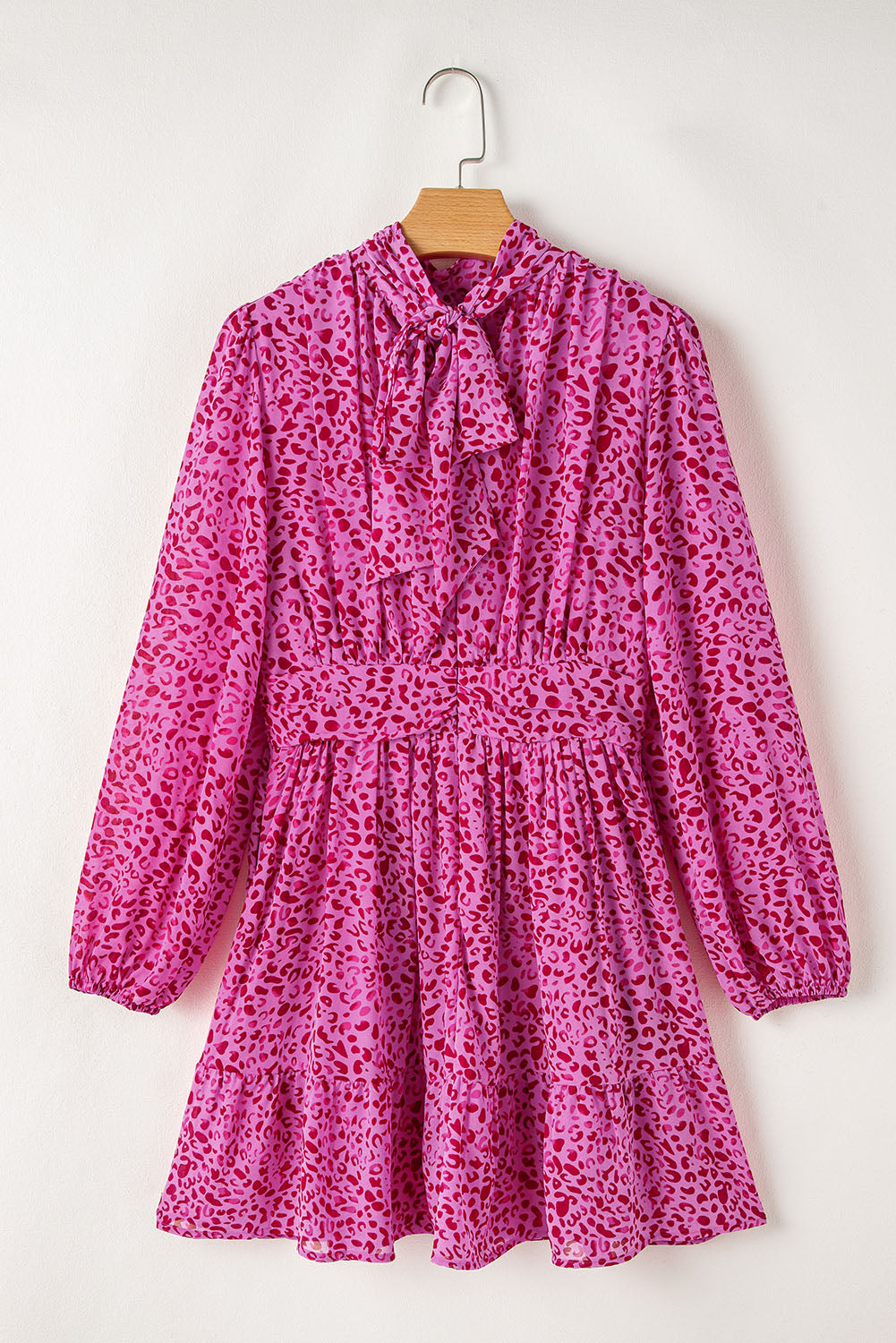 Dark Pink Leopard Long Sleeve High Neck Tie Back Ruffled Dress