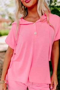 Pink Hooded Short Sleeve Henley Top and Shorts Set