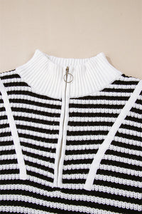 Black and White Stripe 1/4 Zip Mock Collar Drop Shoulder Sweater