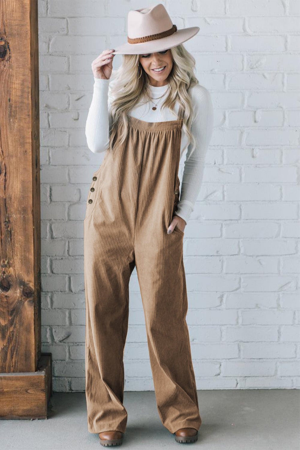 Forest Green Khaki or Black Solid Pocketed Loose Fit Corduroy Overalls