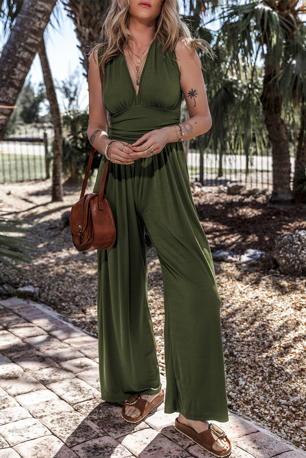 Moss Green Lightweight Sleeveless V-Neck Ruched Wide Leg Stretch Knit Jumpsuit