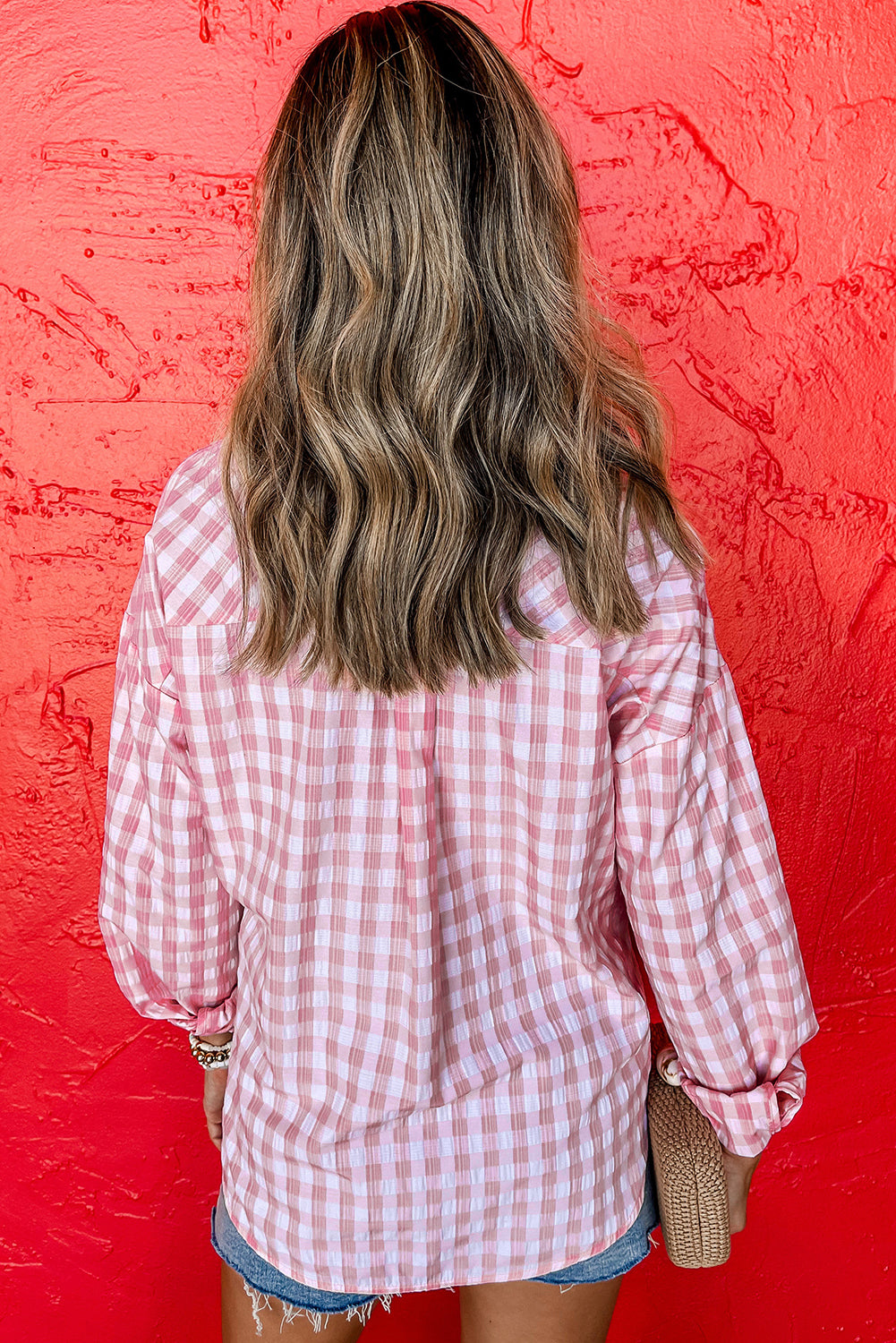 Pink Gingham Button Up Collared Shirt with Chest Pockets