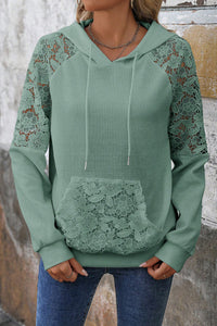 Sage Lace Raglan Sleeve Kangaroo Pocket Waffle Knit Hoodie