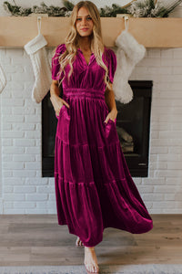 Magenta Velour Short Sleeve Shirred Waist Tiered Maxi Dress