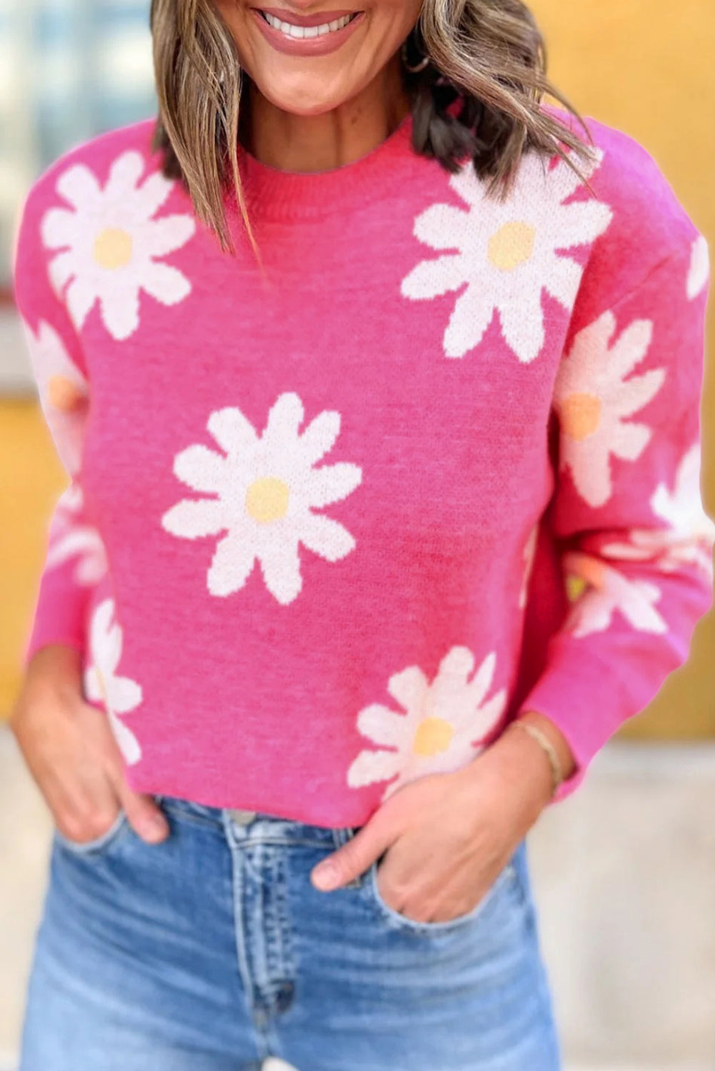 Bright Pink Daisy Crew Neck Long Sleeve Sweater