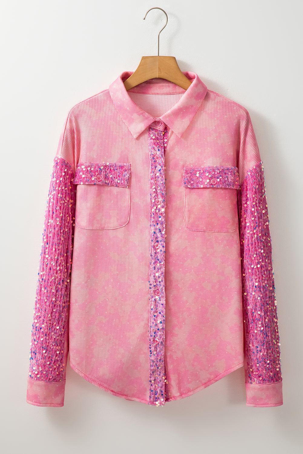 Pink Mineral Wash Sequin Color Block Chest Pocket Waffle Knit Shacket