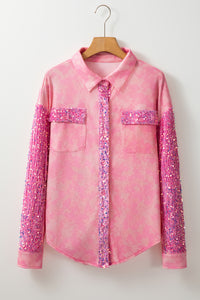 Pink Mineral Wash Sequin Color Block Chest Pocket Waffle Knit Shacket