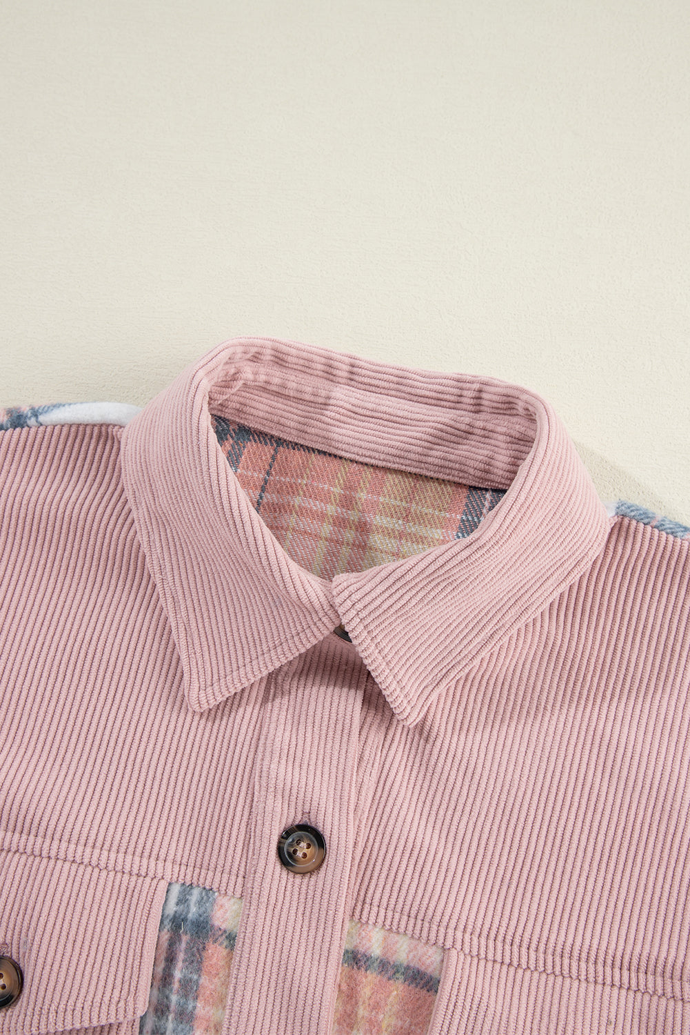 Light Pink & Blue Plaid Corduroy Color-block Chest Pockets Heavyweight Button-down Shirt