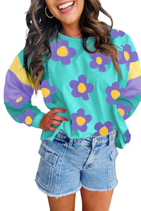 Aqua & Purple Floral Long Sleeve Oversized Top