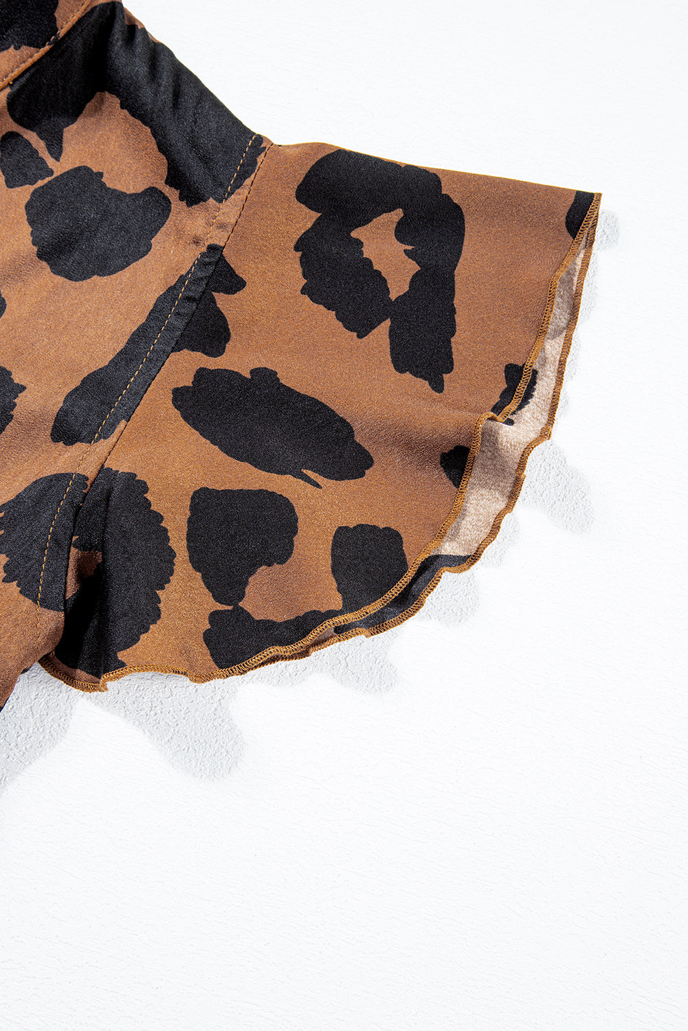 Brown and Black Leopard Print Flutter Sleeve Split Neck Blouse