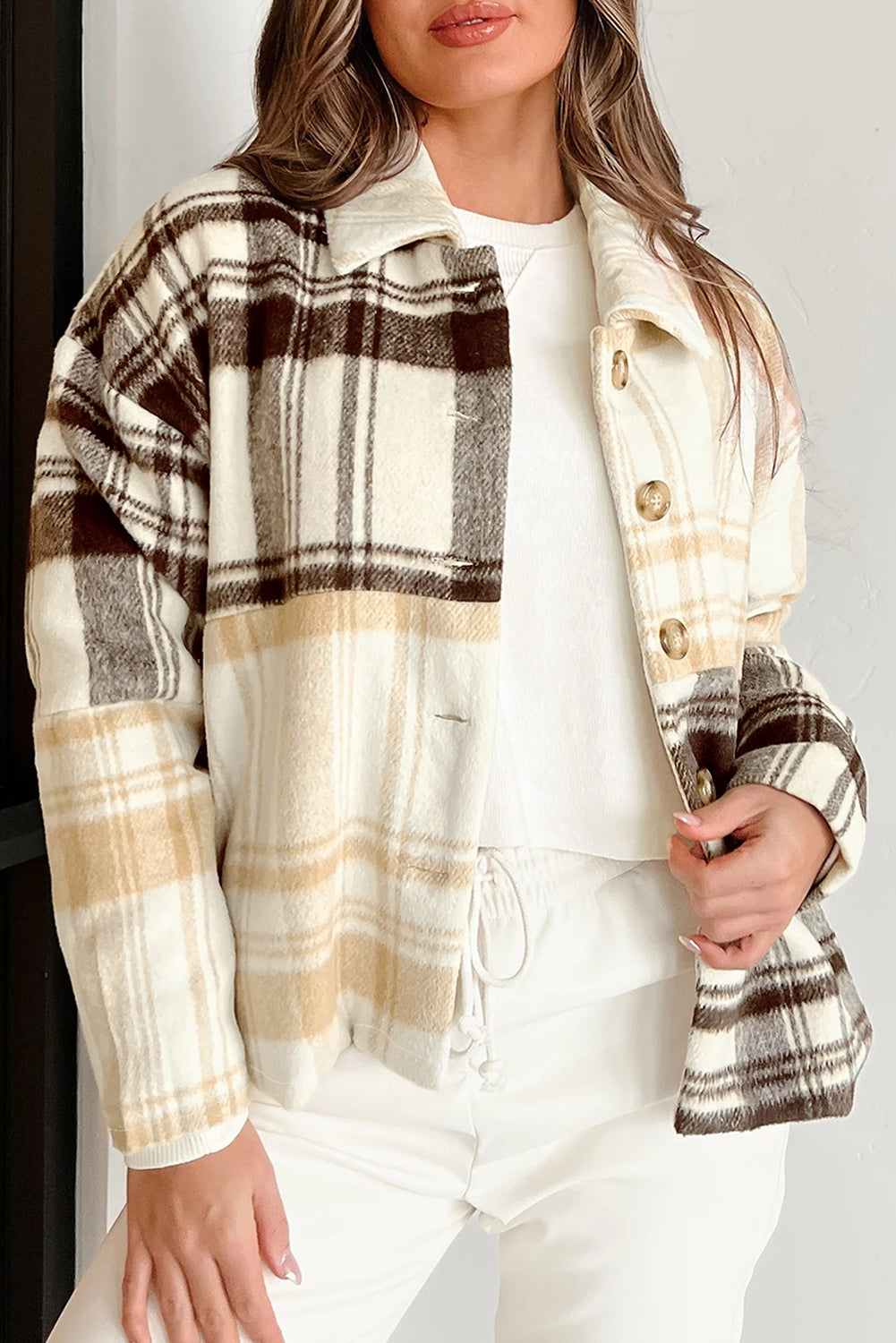 Cream Brown Plaid Button Up Lightweight Jacket