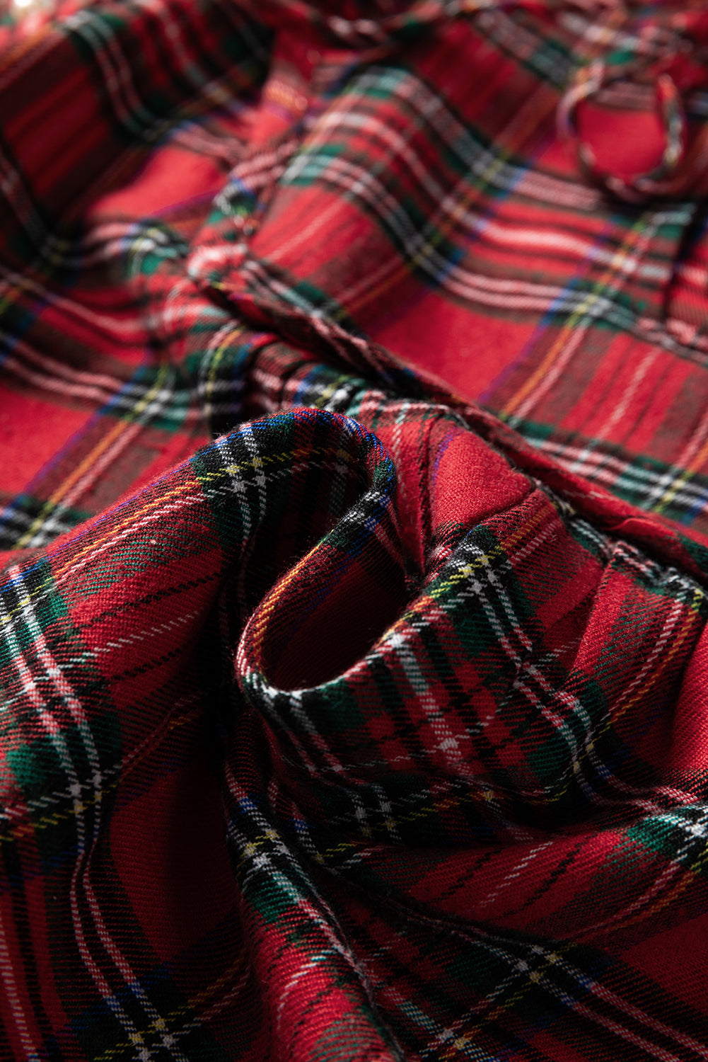 Red Plaid Pearl Rhinestone Ruffled Short Sleeve V-Neck Tie Blouse