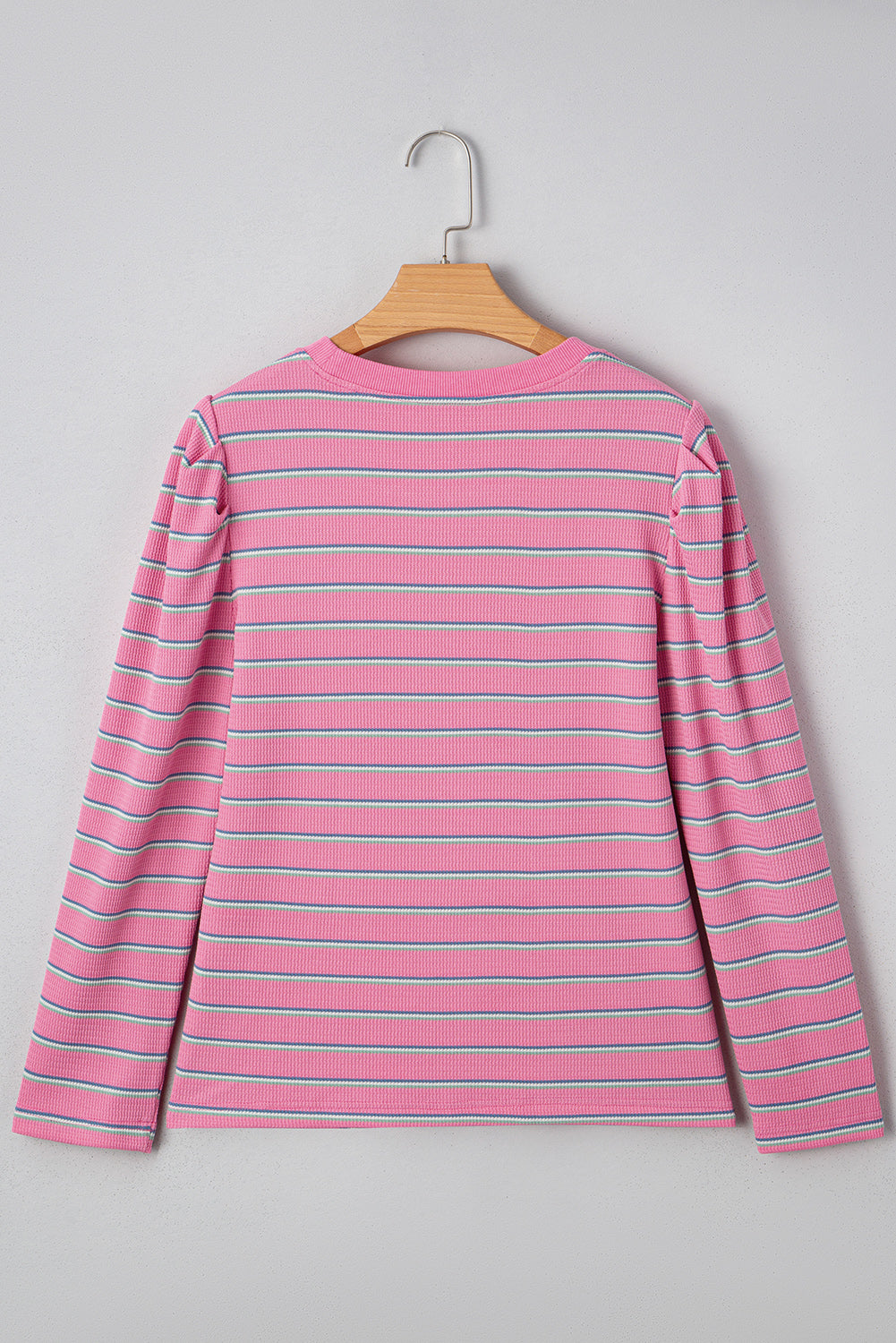 Pink Stripe Thermal Crew Neck Puckered Long Sleeve Top