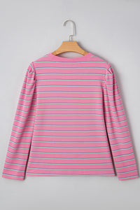 Pink Stripe Thermal Crew Neck Puckered Long Sleeve Top