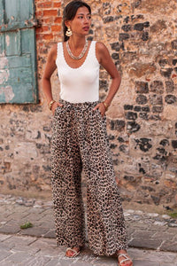 Black and Brown Leopard Print Wide Leg Elastic Waist Pants