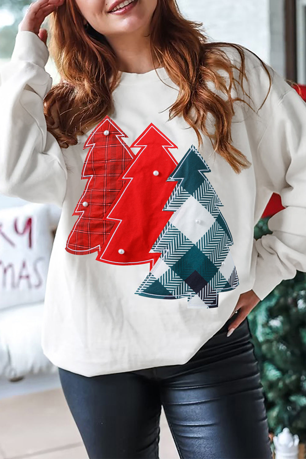 White with Red & Green Plaid Embellished Christmas Tree Pullover