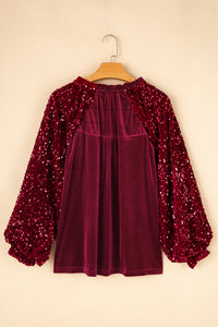 Burgundy Sequin Sleeve Button Up Velvet Top