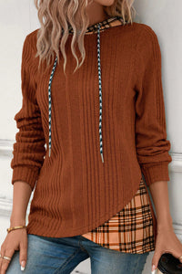 Rust Brown Plaid Patchwork Hooded Textured Knit Shirt
