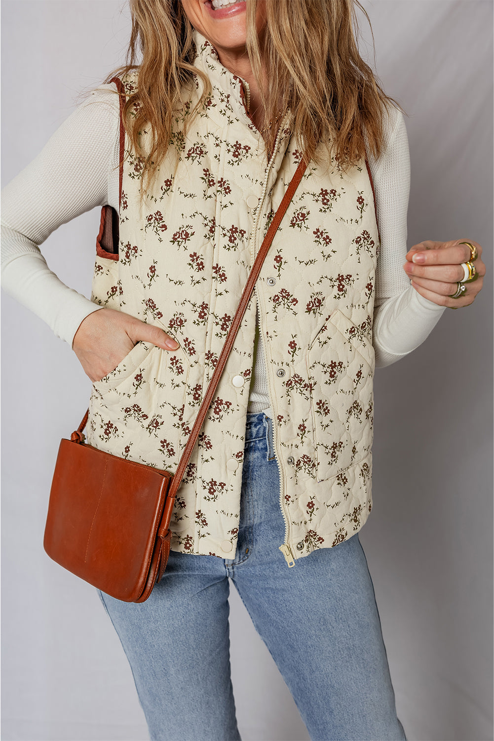 Cream Fall Floral Zip Up Snap Brown Trim Quilted Vest