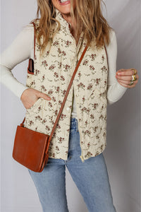 Cream Fall Floral Zip Up Snap Brown Trim Quilted Vest