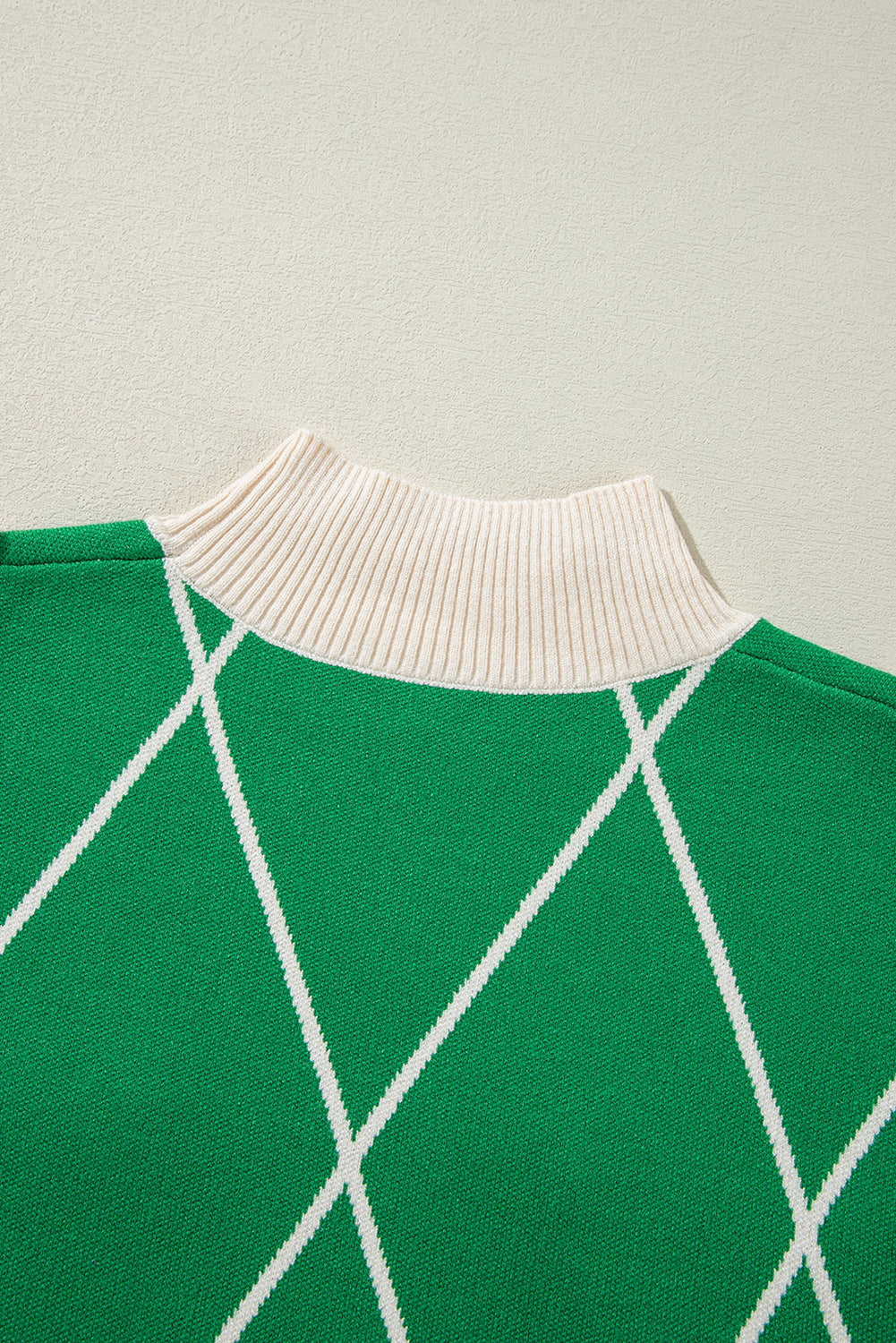 Green Diamond Pattern Pom Pom Accents Mock Neck Sweater