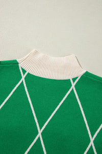 Green Diamond Pattern Pom Pom Accents Mock Neck Sweater