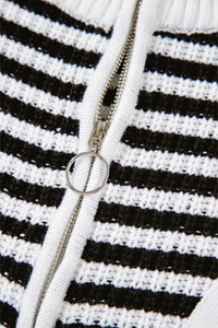 Black and White Stripe 1/4 Zip Mock Collar Drop Shoulder Sweater