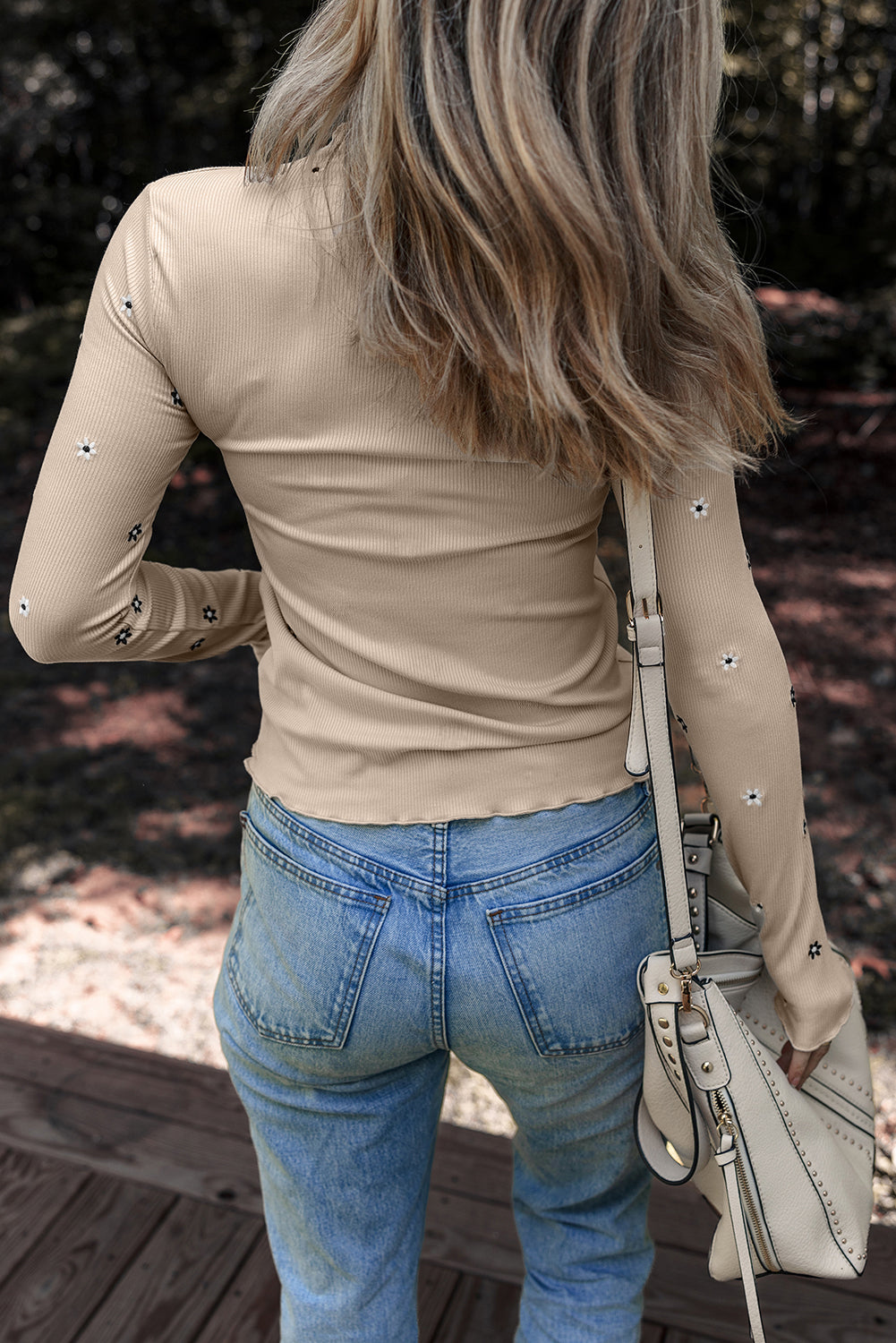Beige Rib Knit Long Sleeve Mini Embroidered Floral Top