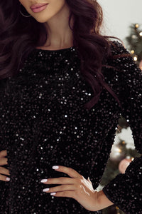 Black Sequin Long Sleeve Tied Open Back Mini Dress