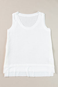 White Scoop Neck Waffle Knit Flowy Tank Top