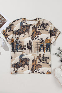 Tan Western Cowboy Print Cuffed Sleeve Crewneck T-Shirt