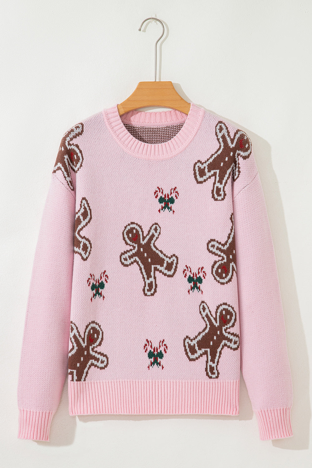 Pink Ginger Bread Man Christmas Holiday Long Sleeve Knit Sweater