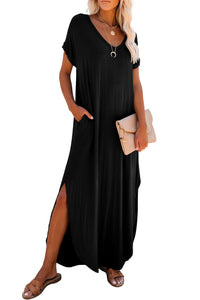 Black V-neck Side Split Maxi T-shirt Dress with Pockets